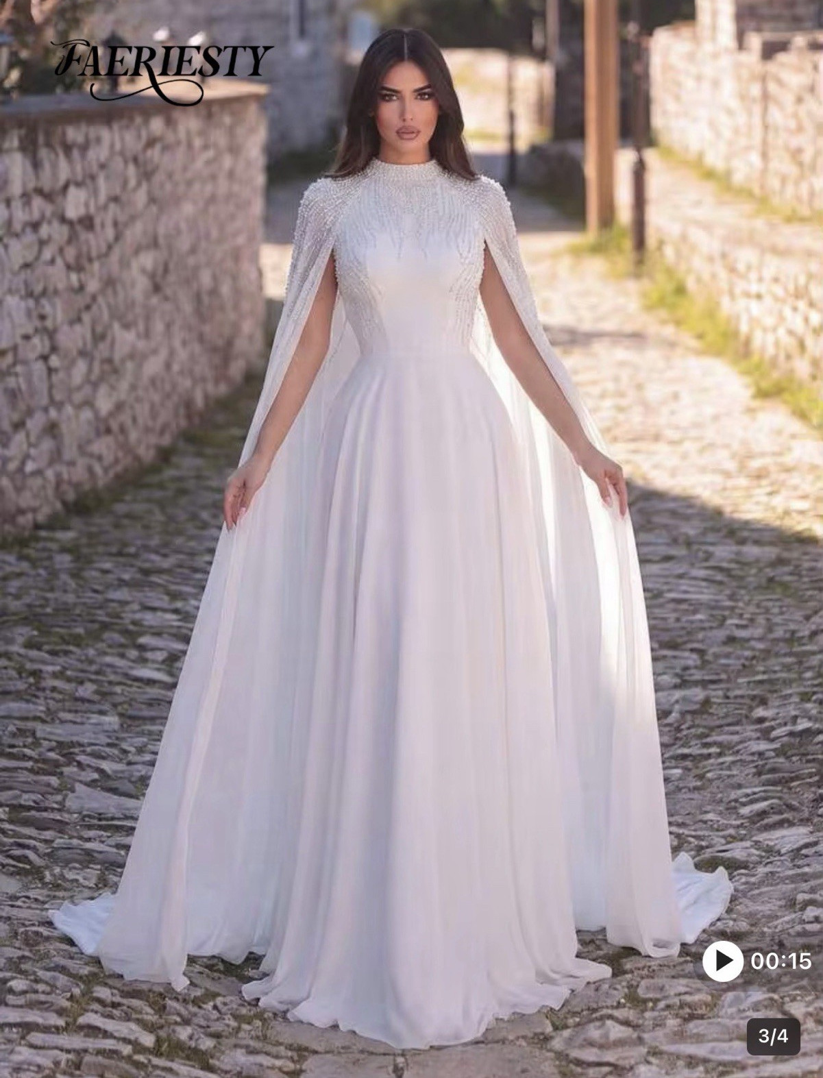 Faeriesty White High Neck A-Line Beaded Cape Wedding Dress with Train-XL