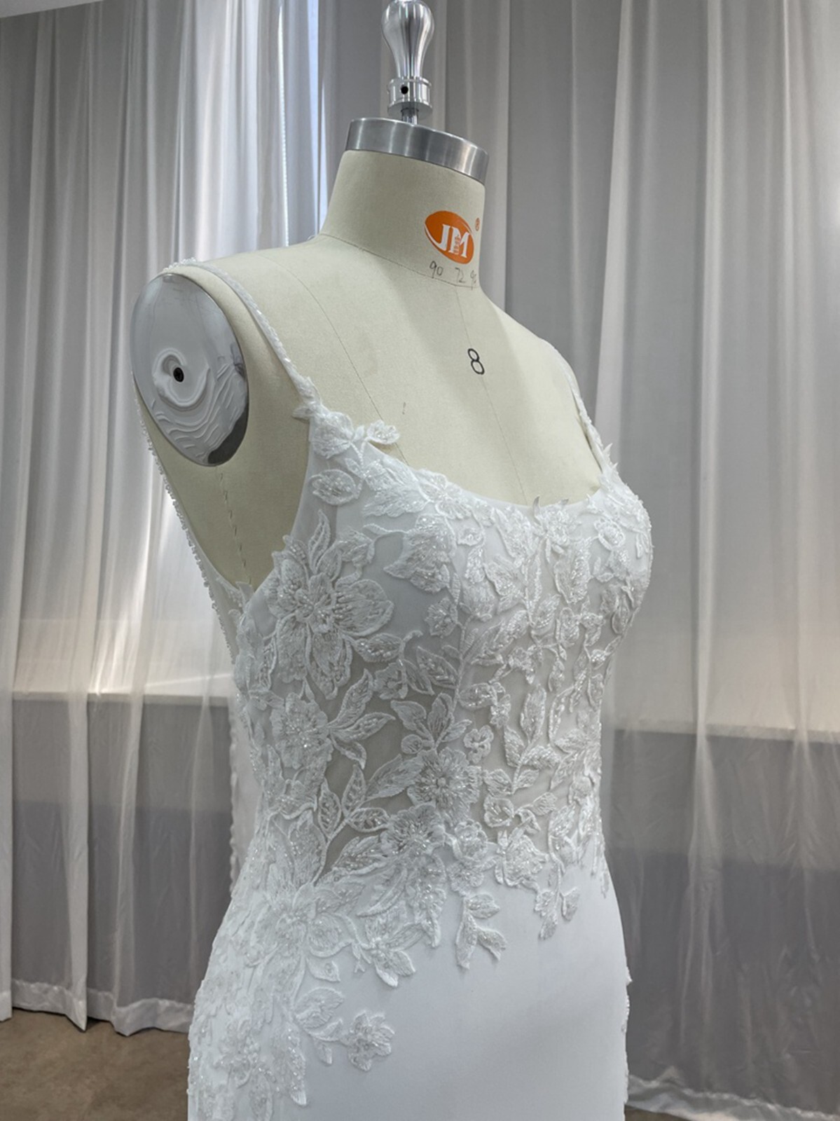 Crepe Plunging Lace Wedding Dress Bridal Gown Custom made Cut-out-train Ivory