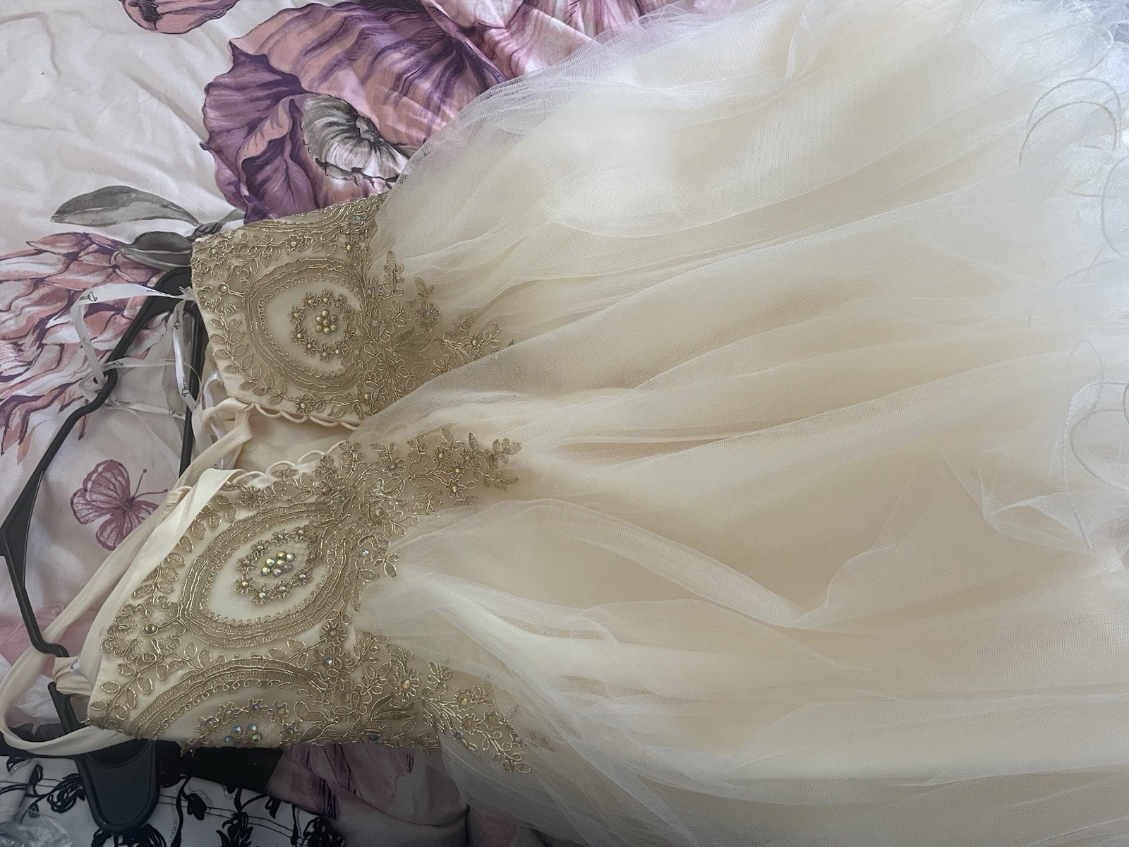 Ivory/Gold Tulle Ball Gown Wedding Dress Beaded Embroidered Corset Back