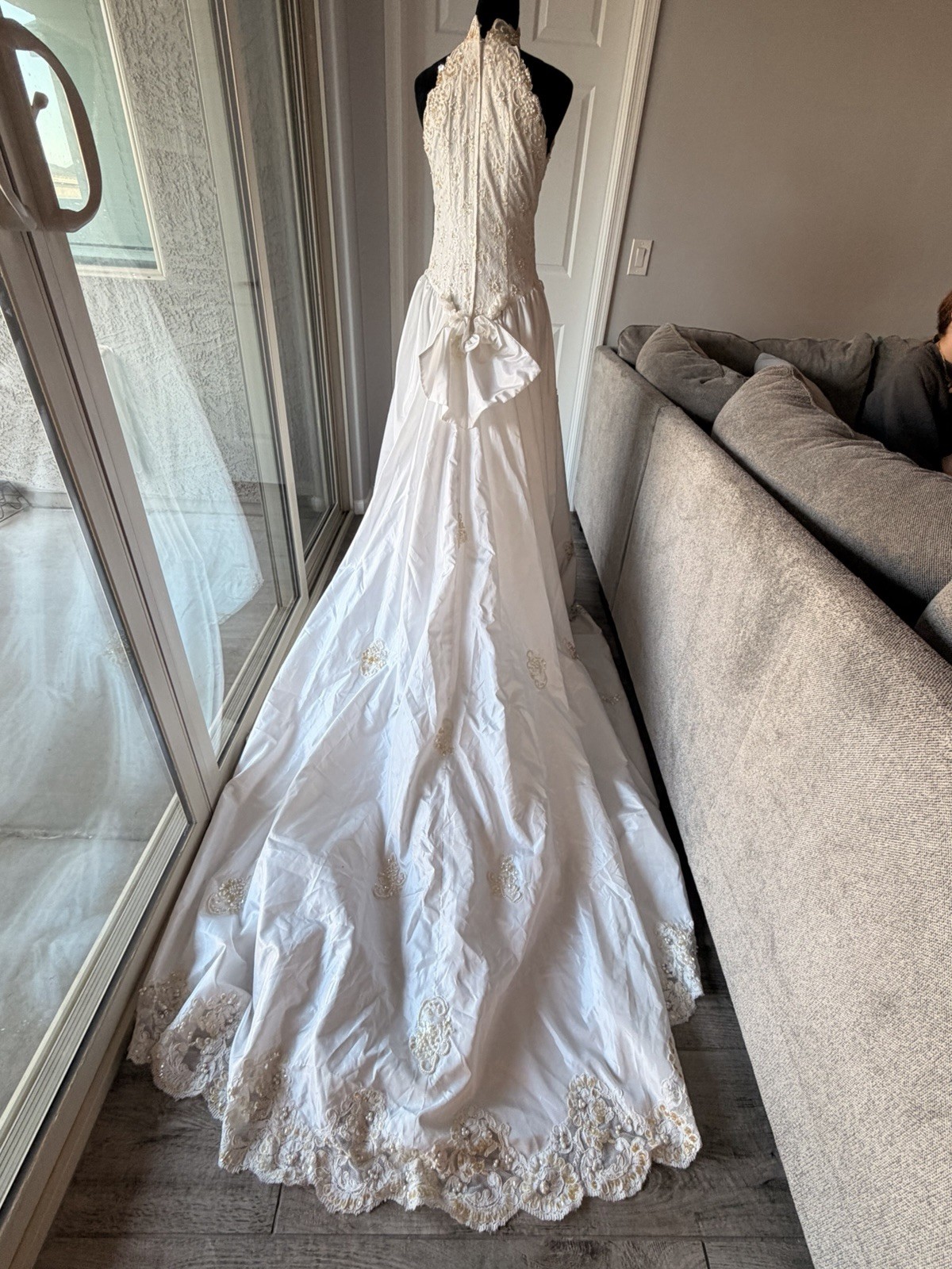 S.L. Fashions White Gold Beaded Embroidered Halter A-Line Wedding Dress Size