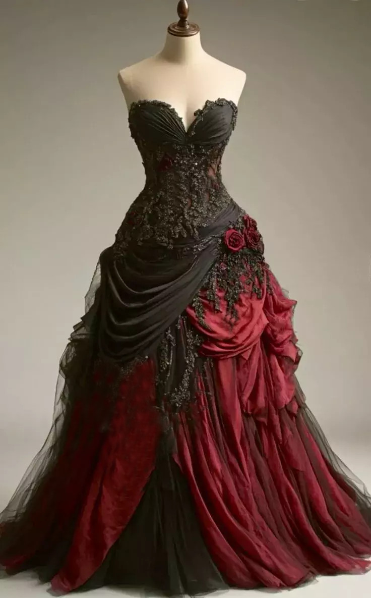 Gothic Black and Red Wedding Dresses Strapless Ruffled 3D Flowers Bridal Gowns