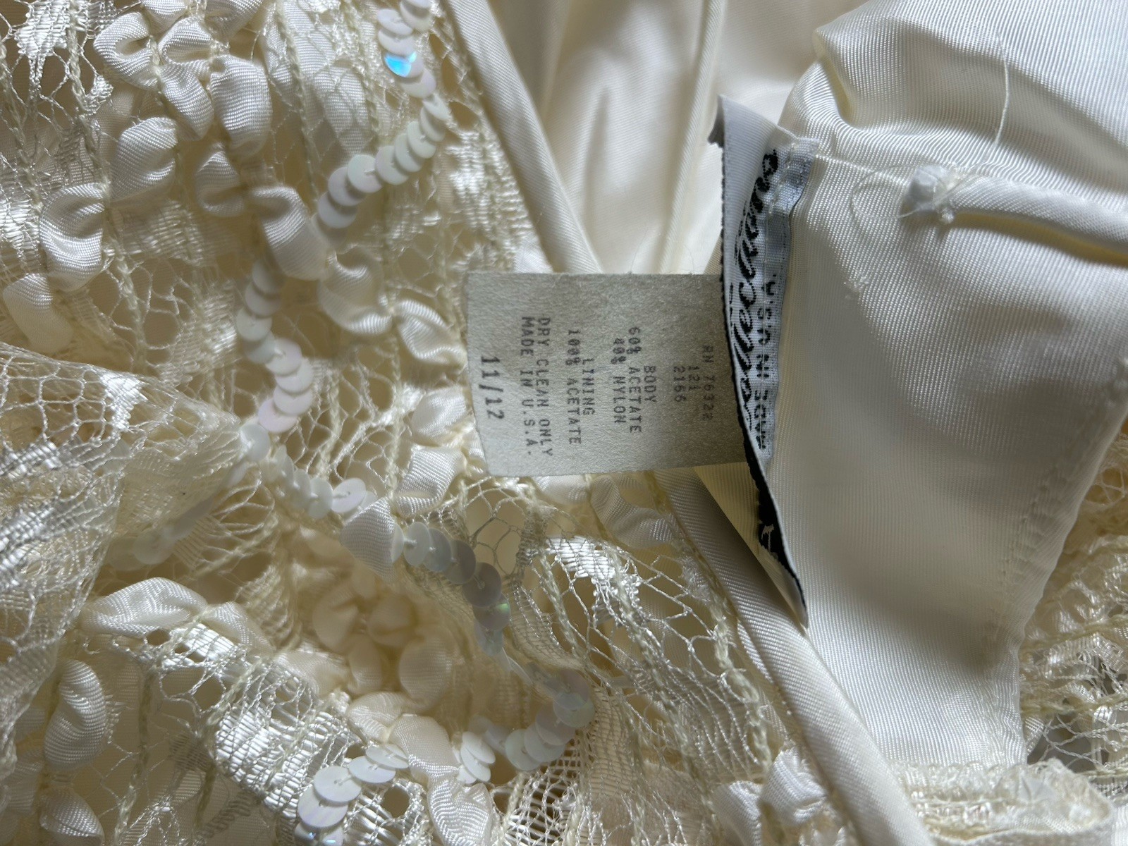 VTG Wedding Dress Sz 11/12 Lace Ivory Drop Waist Tea Length Flutter Sleeve READ