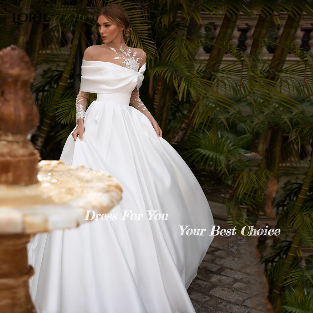 Wedding Dresses High Neck Appliques A-Line Gowns Irregular Neckline Pleated
