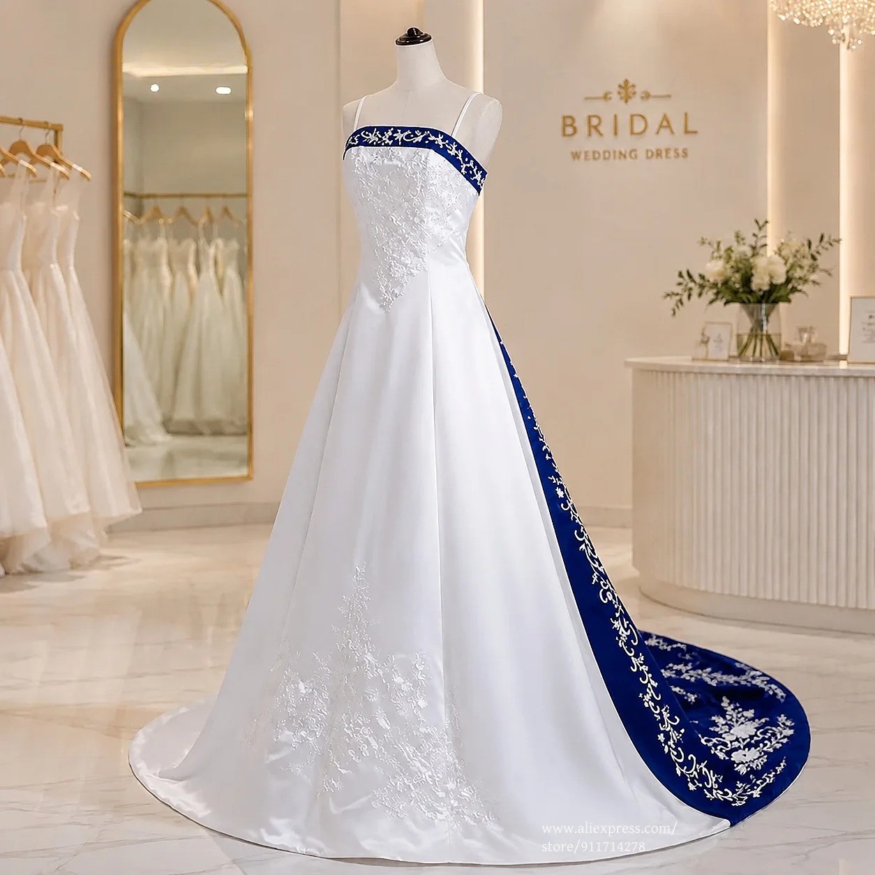 Floral Embroidery Satin Wedding Dress White And Royal Blue Spaghetti Straps