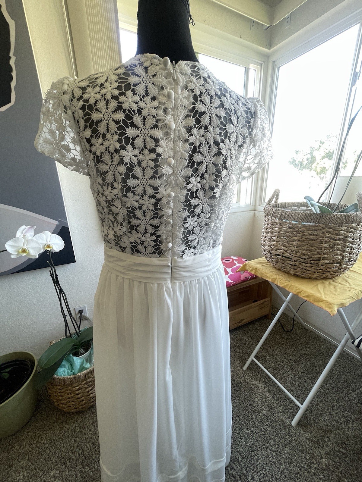 Lace chiffon elopement city hall garden wedding dress Midi A-line Cap sleeve