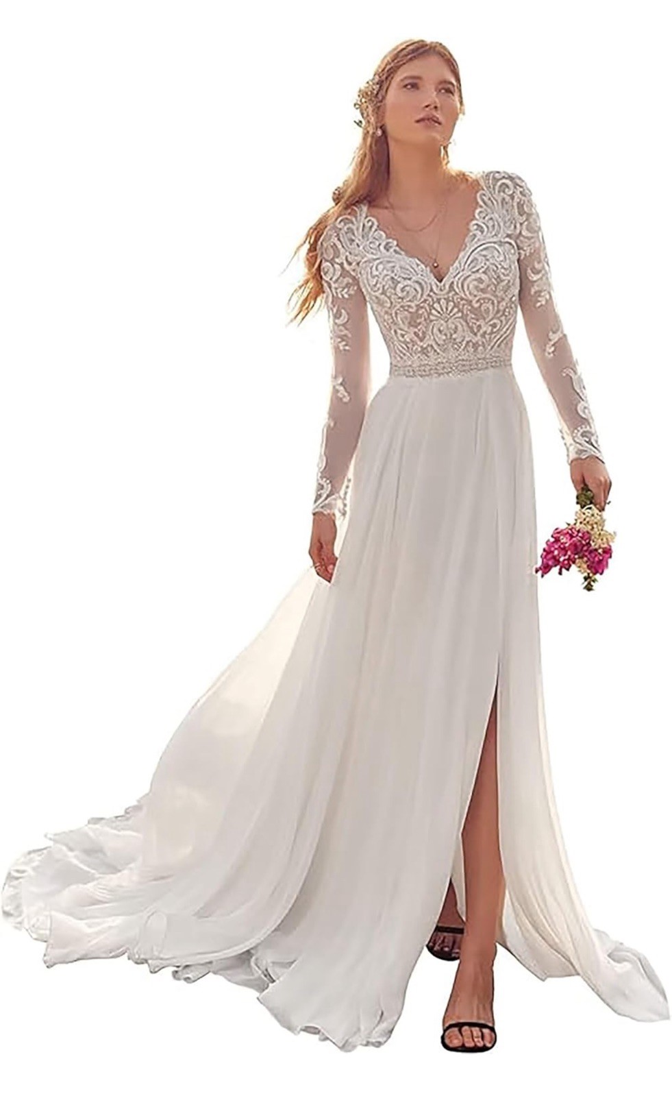 NEW Unbranded Long Sleeve V-Neck White Wedding Dress w/Lace & Illusion size 6