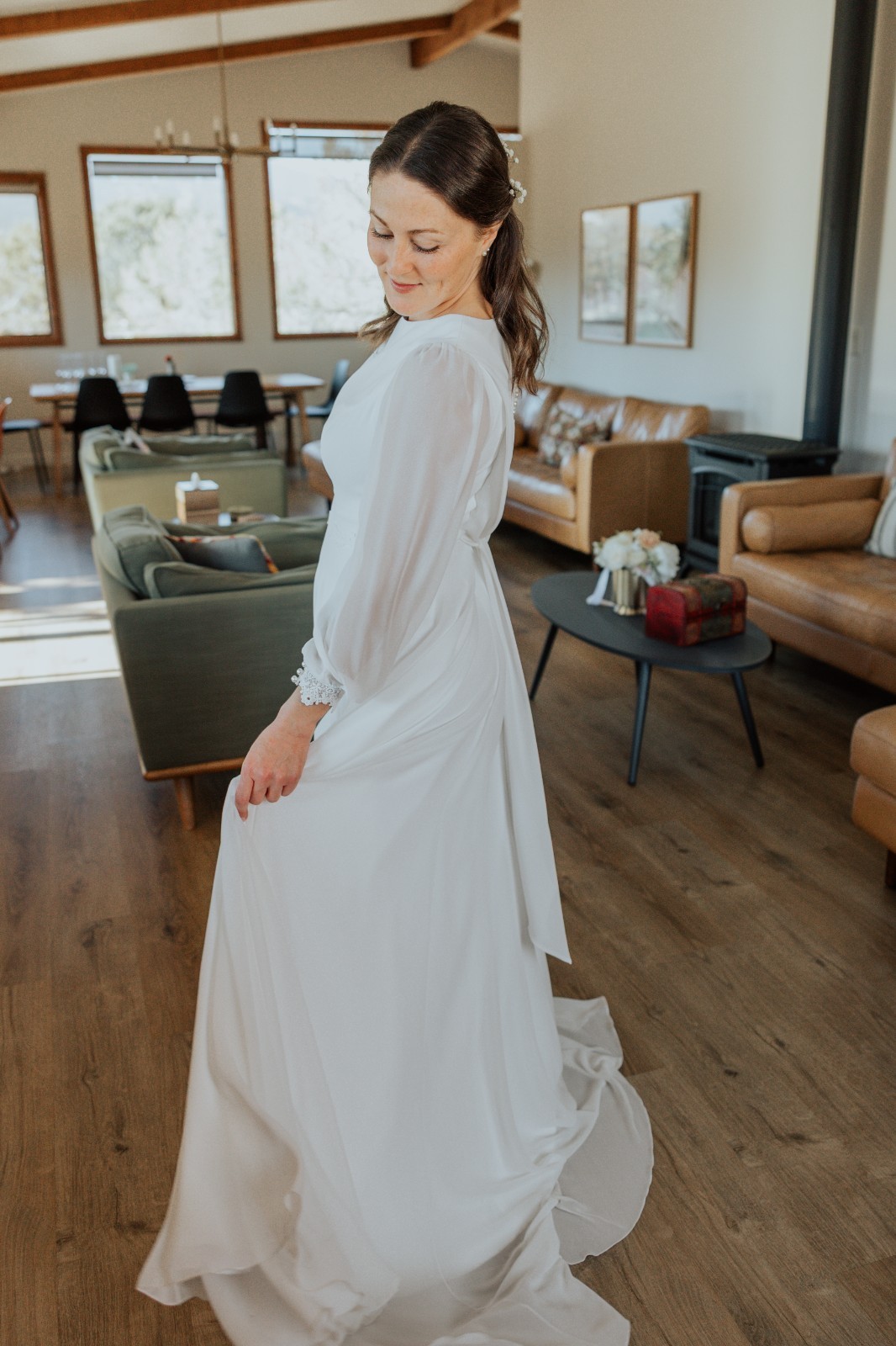 Long Sleeve High Neck Chiffon Bridal Dress (women’s size 8)