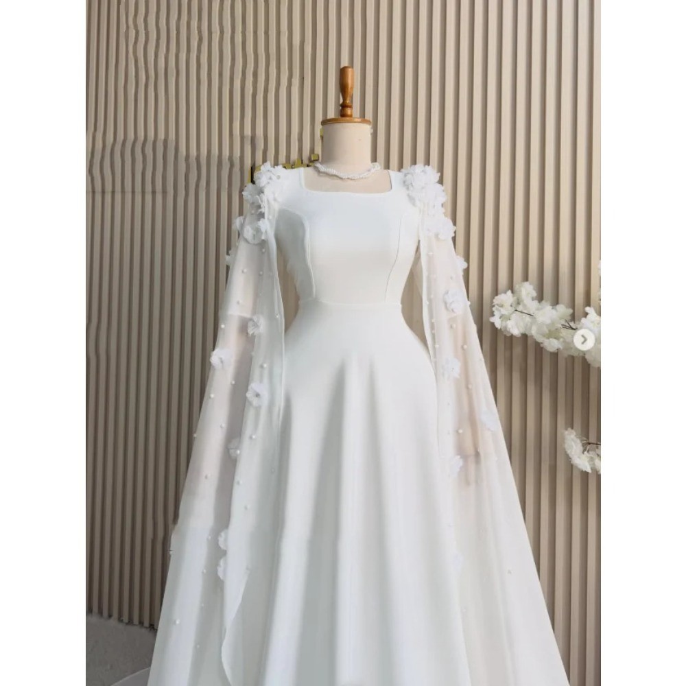 Muslim Chiffon Wedding Dress 3D Floral Pearl Cape Sleeve Bridal Gown With Train