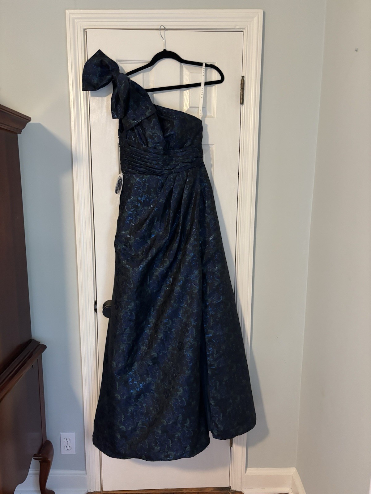 Azazie Easton One Shoulder Dark Navy Jacquard A-Line Formal Dress $249 retail