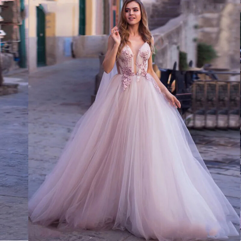 Boho Wedding Dress 3D Flowers Light Purple Beach Bride Backless Puff Tulle