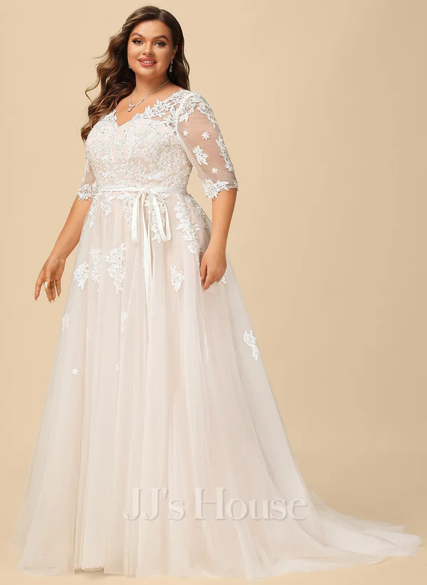 Ball-Gown/Princess V-Neck Court Train Satin Tulle Wedding Dress with Bow Sequins