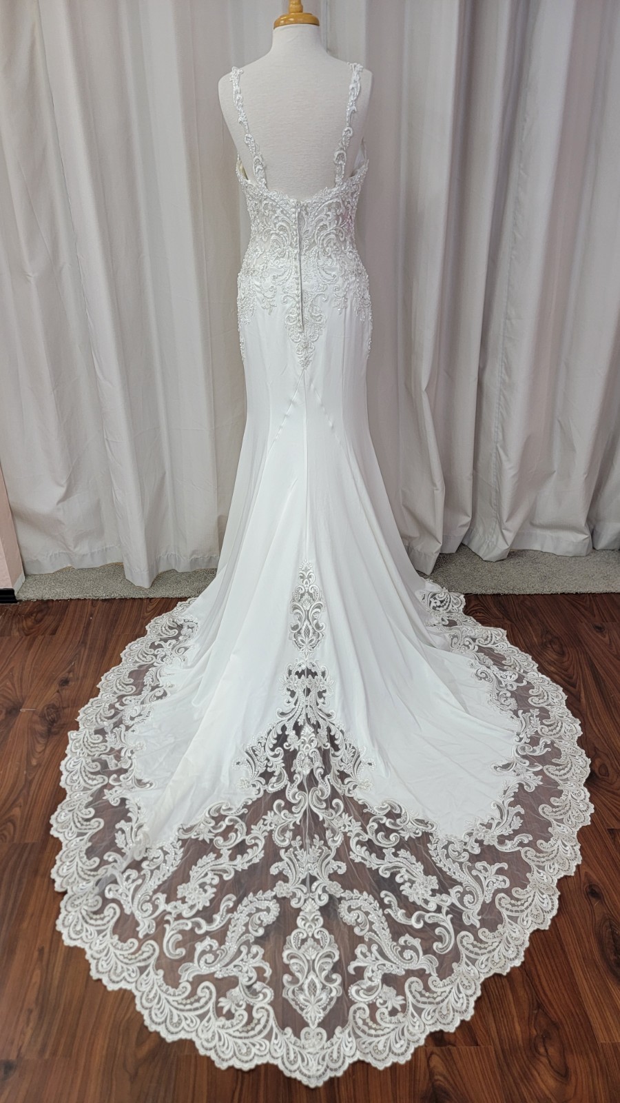 Morilee Bridal 2072L Raya Satin Fit and Flare Wedding Dress Lace Train Ivory