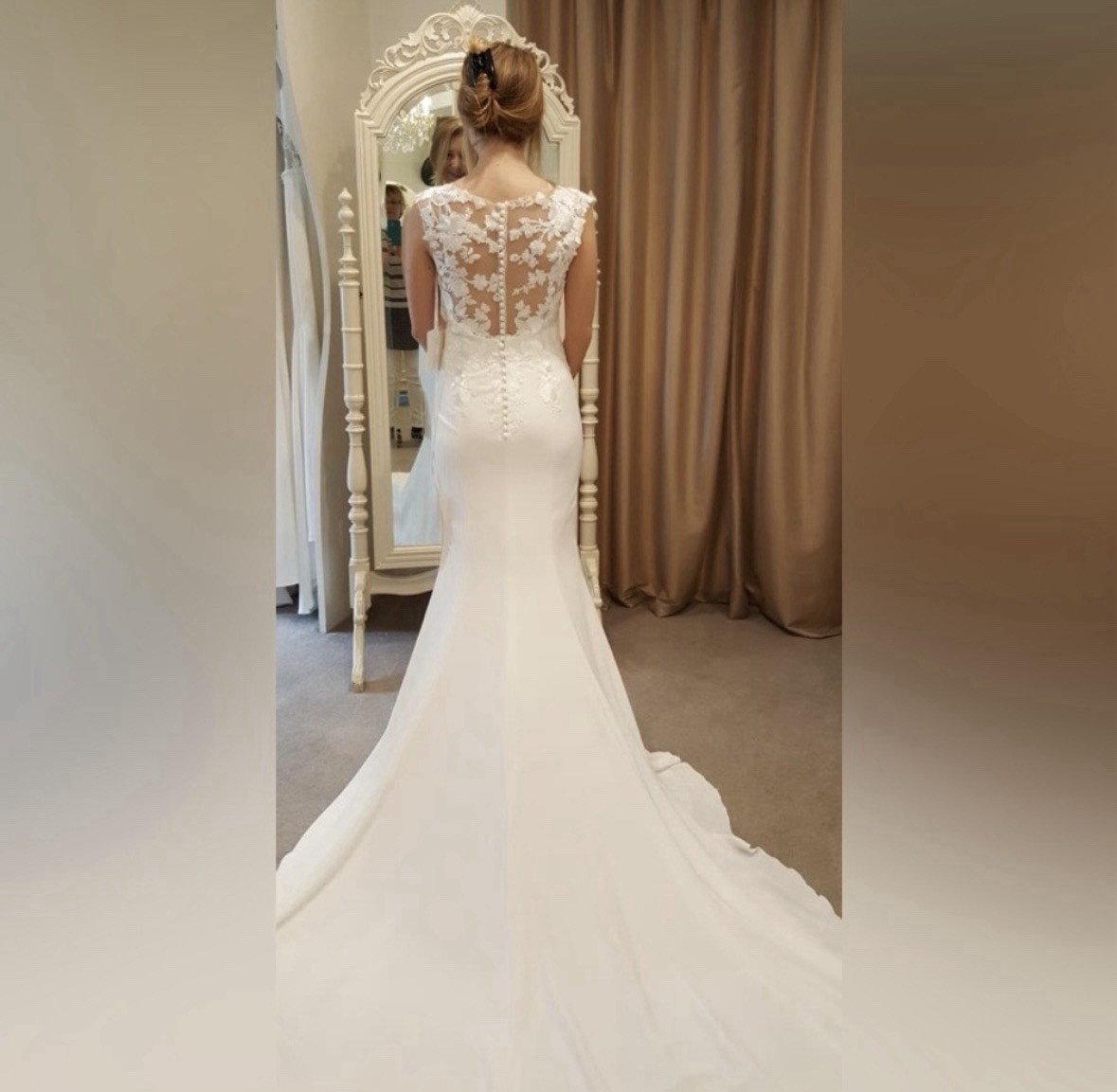 Pronovias Drail Mermaid Wedding Dress Ivory Lace Illusion Neck Tank Size 22