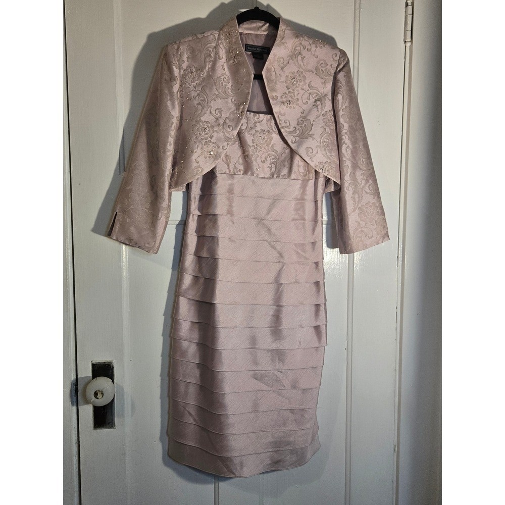 Jessica Howard Mauve Tiered Sheath Dress and Jacquard Bolero Jacket Set Size 6