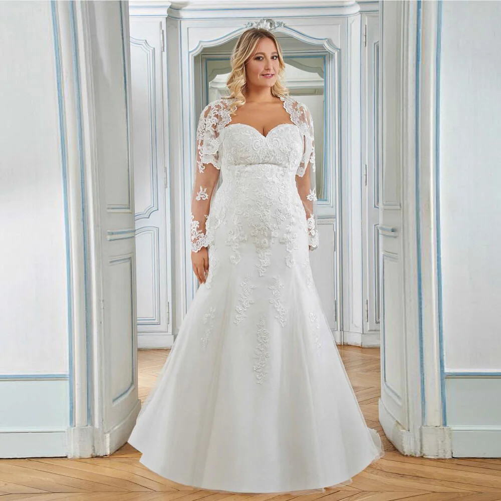Plus Size Mermaid Wedding Dresses With Lace Jacket Sweetheart Neck Bridal Gowns