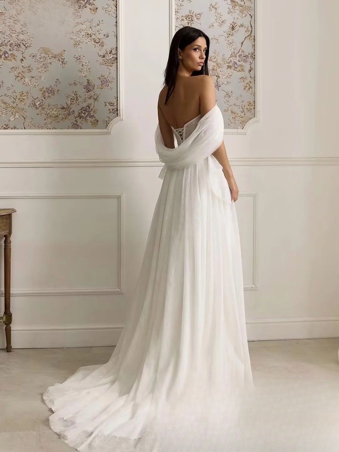 Modern Pleat Lace Wedding Dresses Mermaid Boat-Neck Off The Shoulder Bridal Gown