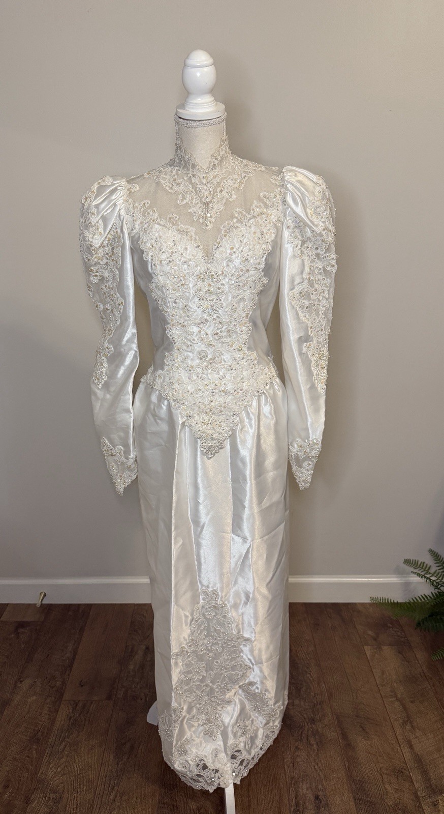 Vtg Mori Lee Satin Wedding Dress High Neck Puffed Sleeves Beading Lace Sz 8