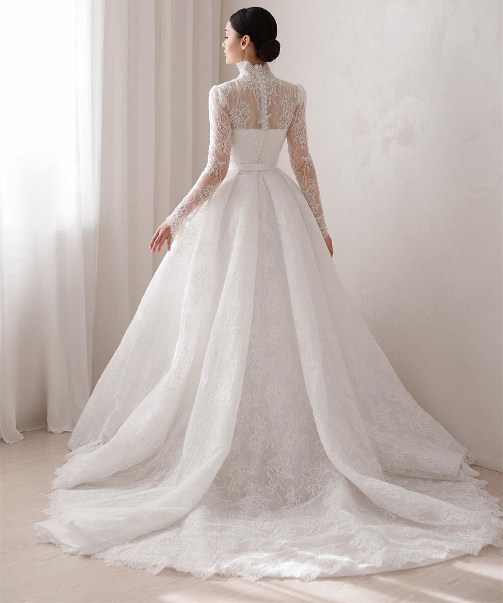 High Neck Lace Wedding Dresses Long Sleeves Appliques Buttons Back Bridal Gowns