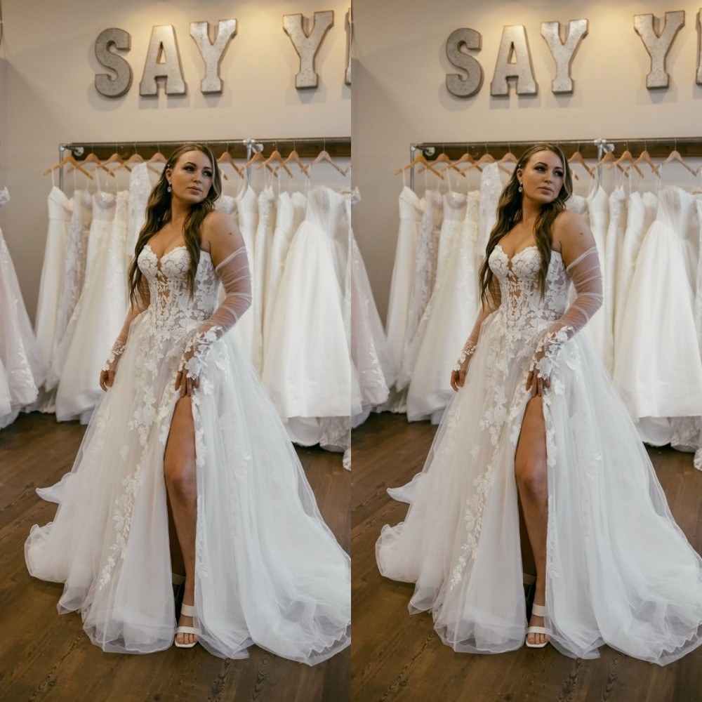 Boho Wedding Dress Side Slit Lace A Line Sweep Train Beach Bridal Gown Plus Size