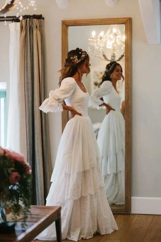 Elegant White Wedding Dresses Floral Sleeve Ruffle Tiered Lace Skirt Bridal Gown