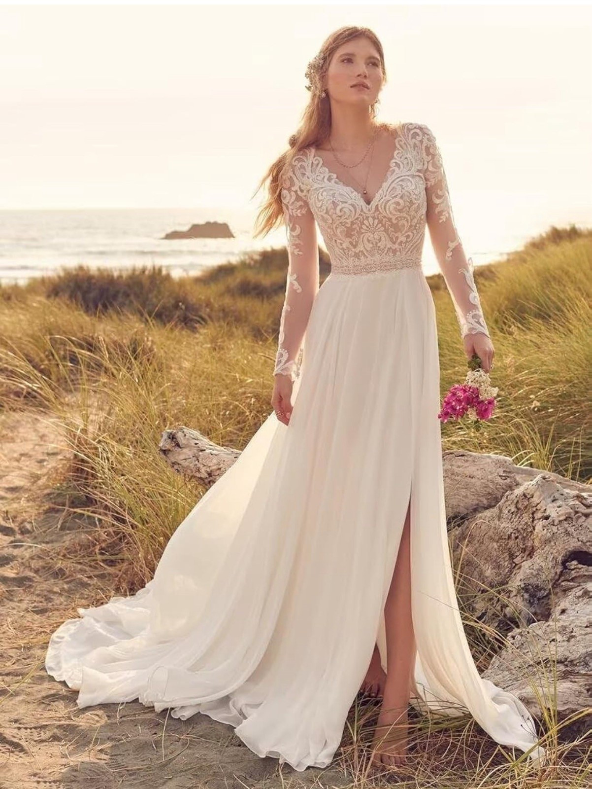 NEW Unbranded Long Sleeve V-Neck White Wedding Dress w/Lace & Illusion size 6