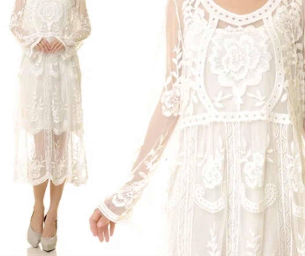 Wedding Dress M Long Sleeve V Neck Lace Boho Bohemian Beach Bridal Gown Midi