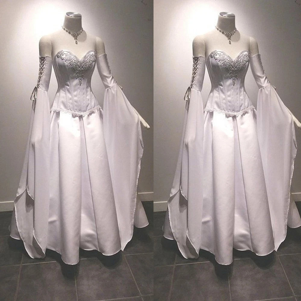 Chiffon Celtic Wedding Dress Strapless Detachable Long Bell Sleeve Bridal Gown