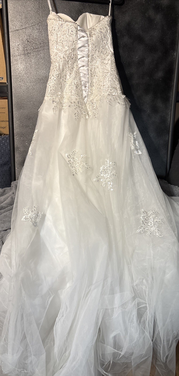White Beaded Tulle Strapless Wedding Dress Gown Corset Tie Open Back Train Sz 4