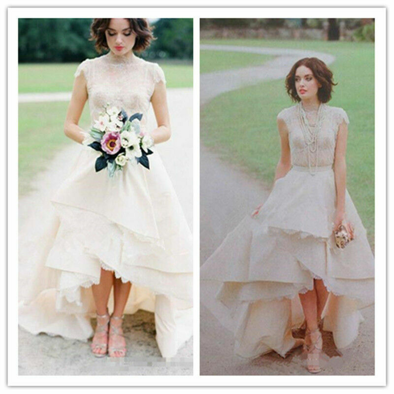 A Line Lace Layers Wedding Gowns Blush Ivory White Vintage Hi-Low Bridal Dresses