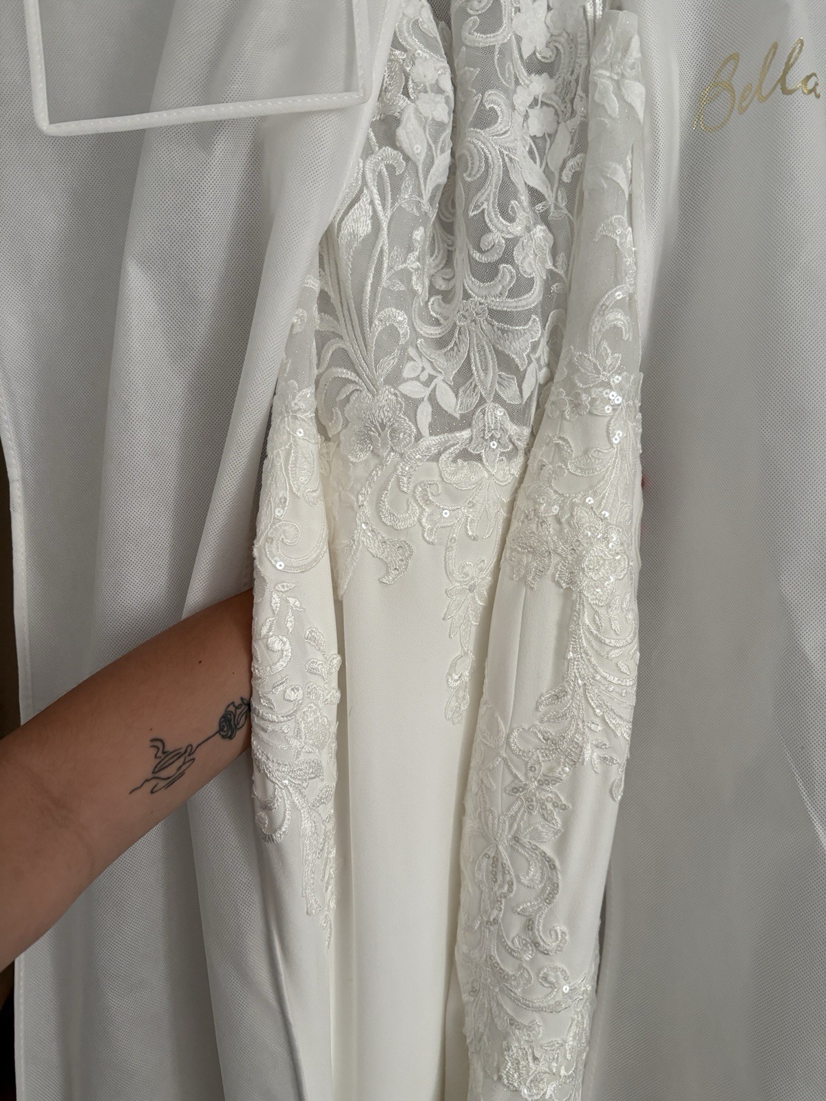 Bella Rose White Sleeveless Square Neck Lace Beaded Mermaid Train Button Back