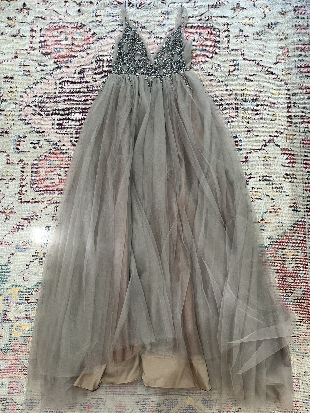 Boho Pearl and Sequin Taupe Tulle Wedding Dress with Slit Bridal Formal Gown