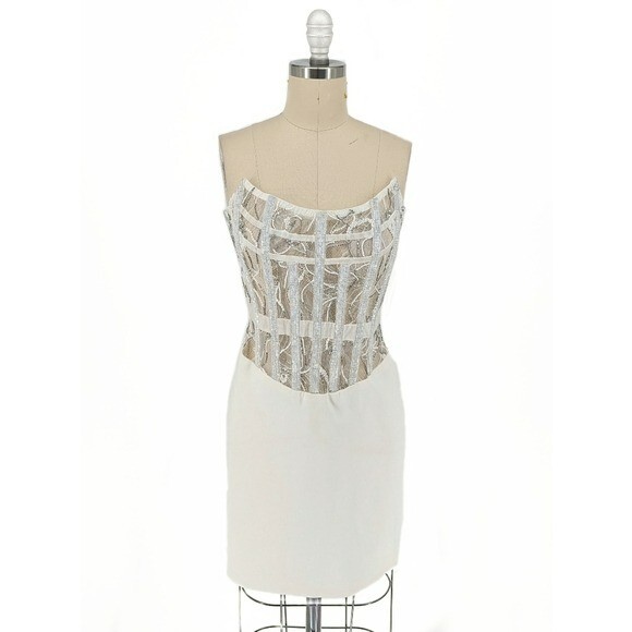 NEW Retrofete Beaded Lace Satin Dress White L bridal wedding sexy strapless