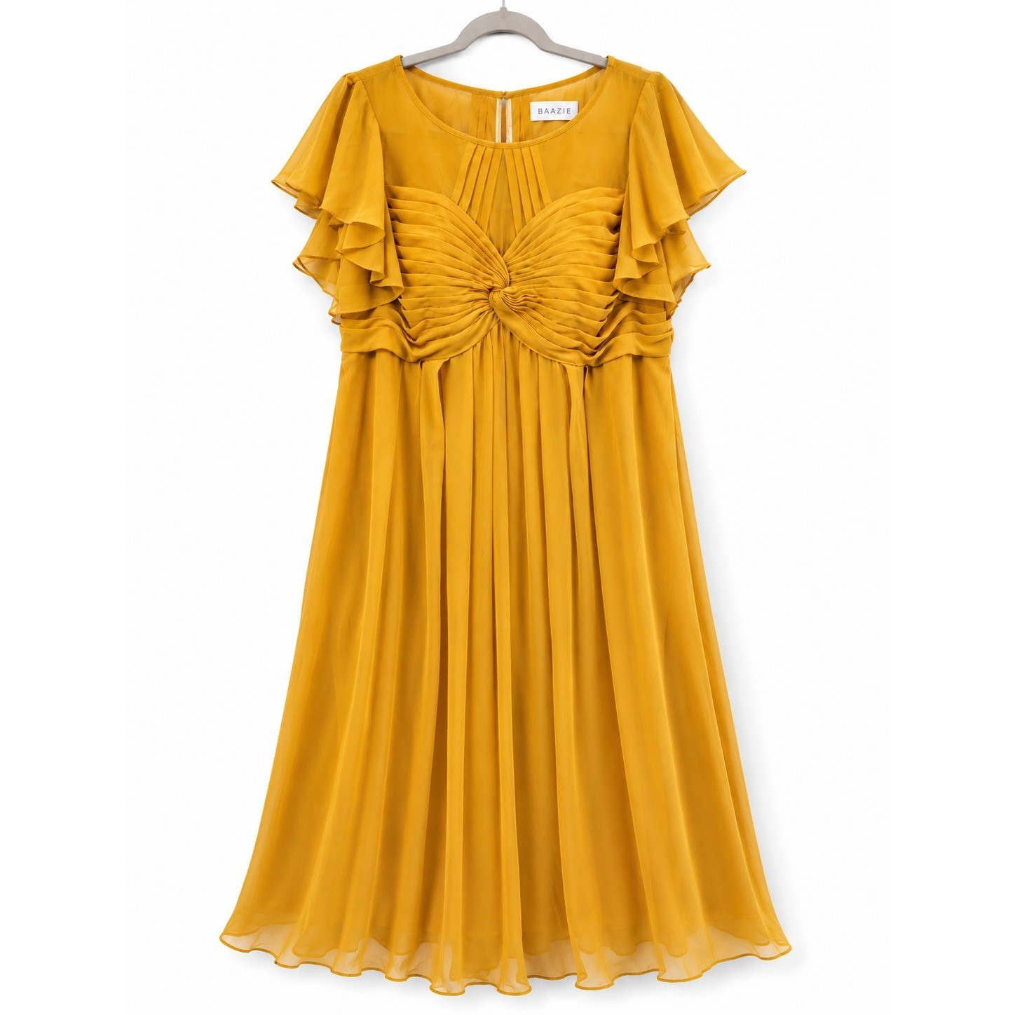 Azazie Marigold Yellow Chiffon Flutter Sleeve Pleated Formal Dress Size A18