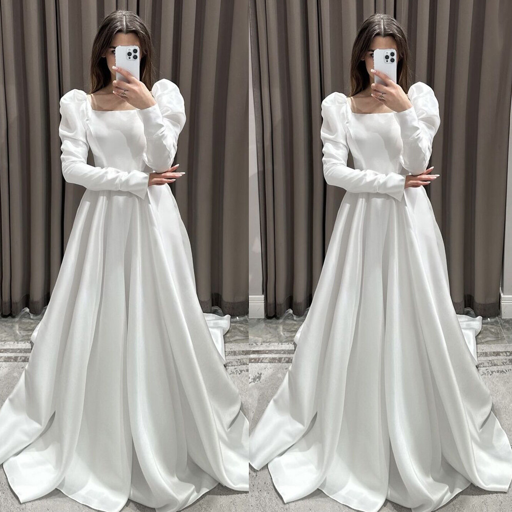 Elegant Satin Wedding Dresses Long Sleeves Square Neck Sweep Train Bridal Gowns