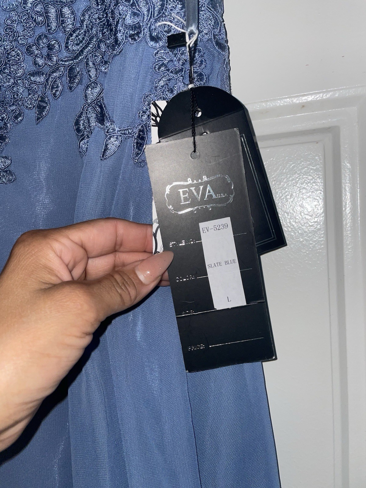 Eva Dress Slate Blue L Off-shoulder EV5239 Chiffon Corset Back NWT