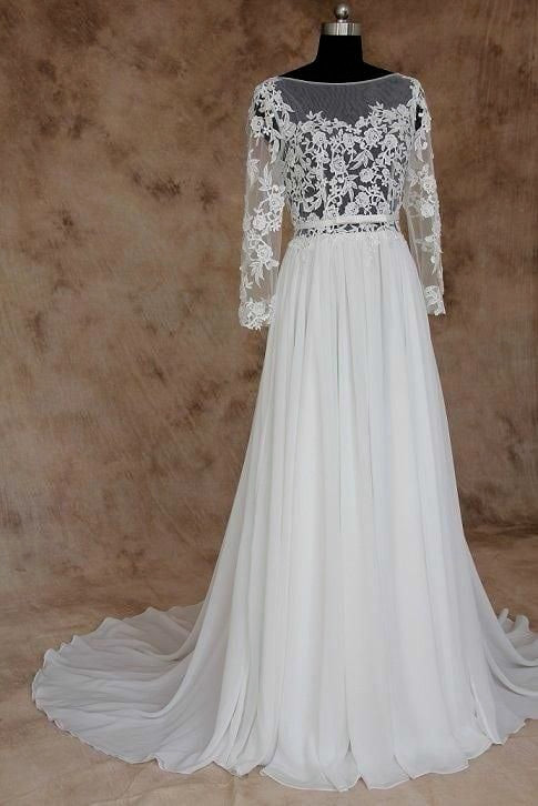 Beach Boho Chiffon Wedding Dresses Long Sleeve Open Back Sweep Train Ball Gowns