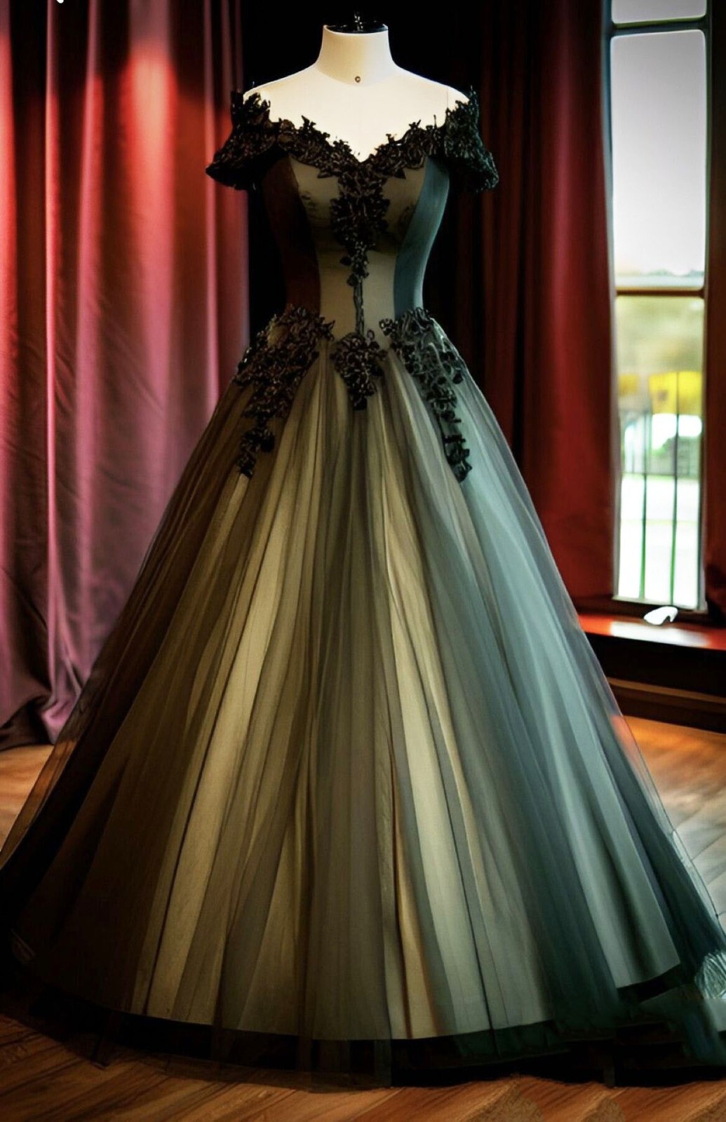 Gothic Wedding Dresses Off the Shoulder Black Green Lace Appliques Bridal Gowns