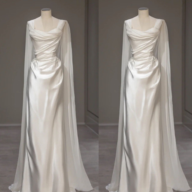 Simple Satin Wedding Dress With Cap Square Neck Ruching Full Length Bridal Gowns