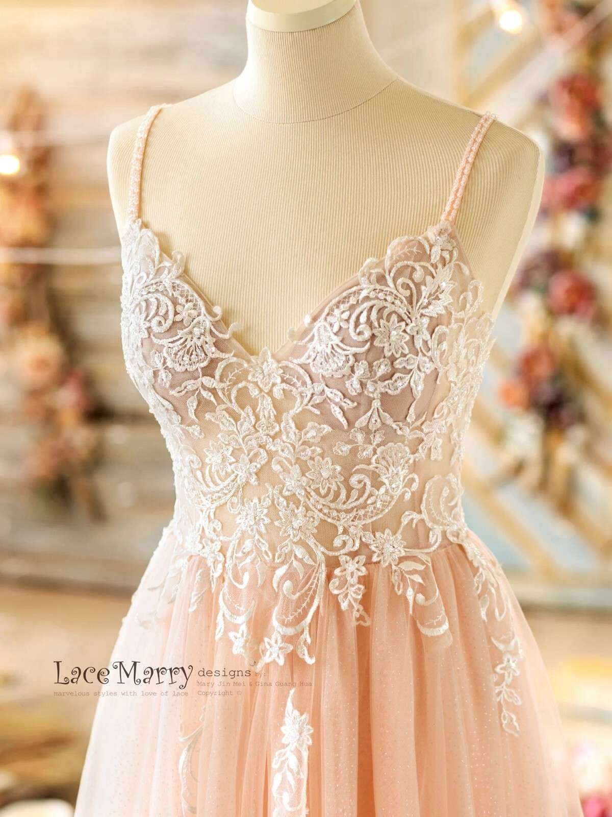 Blush Wedding Dress Beading Glitter Skirt Bridal gown Croo Straps Deep Open Back