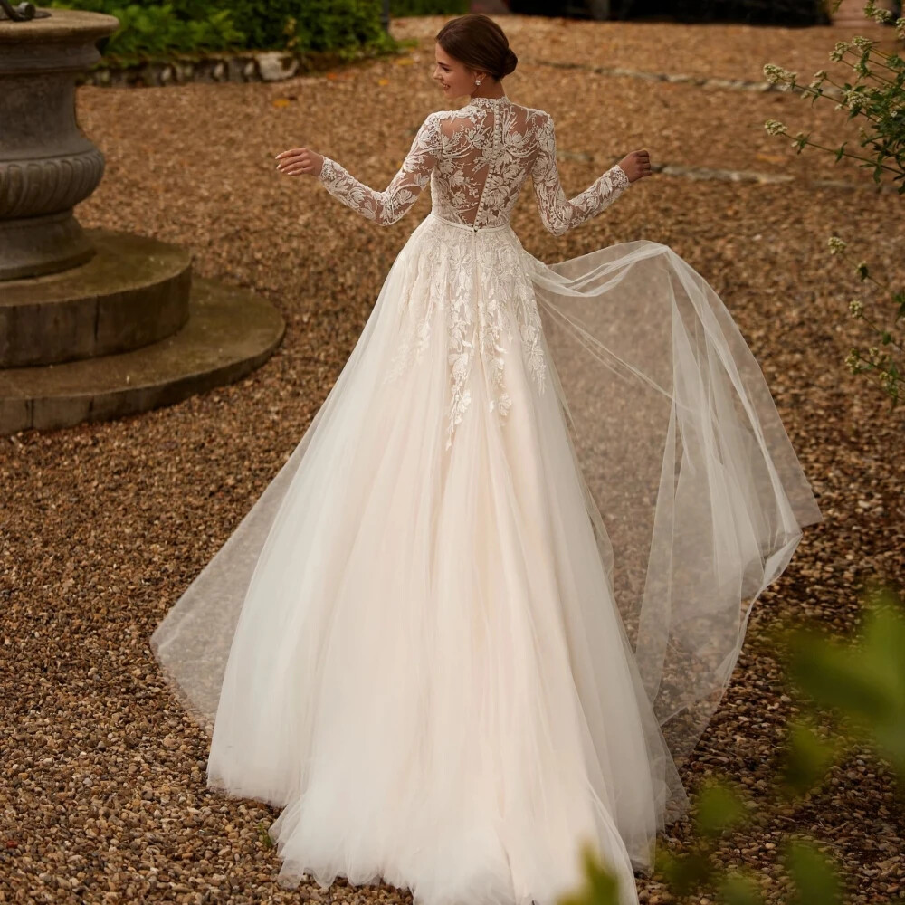 High Neck Long Sleeve Lace Wedding Dresses A-Line Tulle Bridal Gown With Train