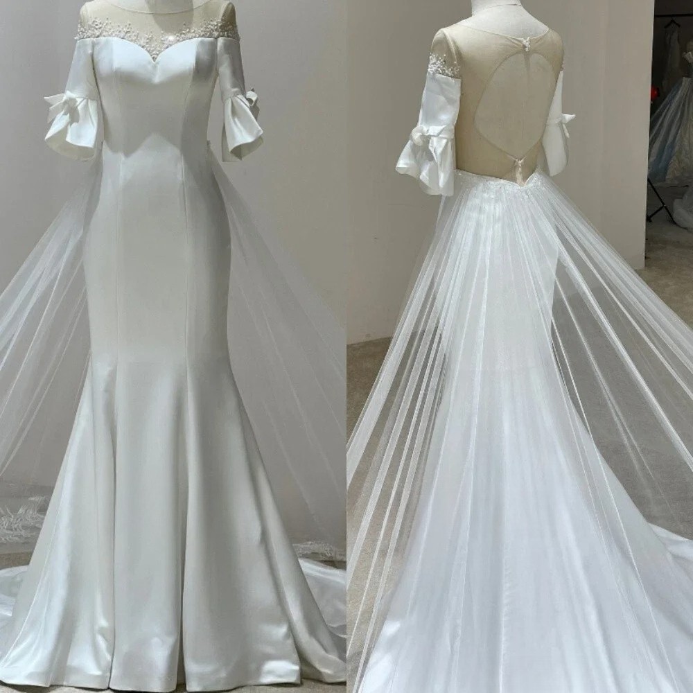 White Satin Mermaid WeddingDress Half Bell Sleeve Illusion Back Tulle Train Gown