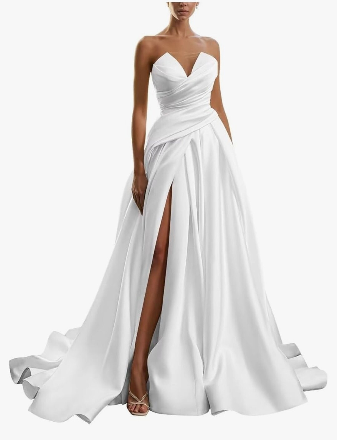 Strapless Wedding Dress for Bride Long V Neck Satin with High Slit Sz 4