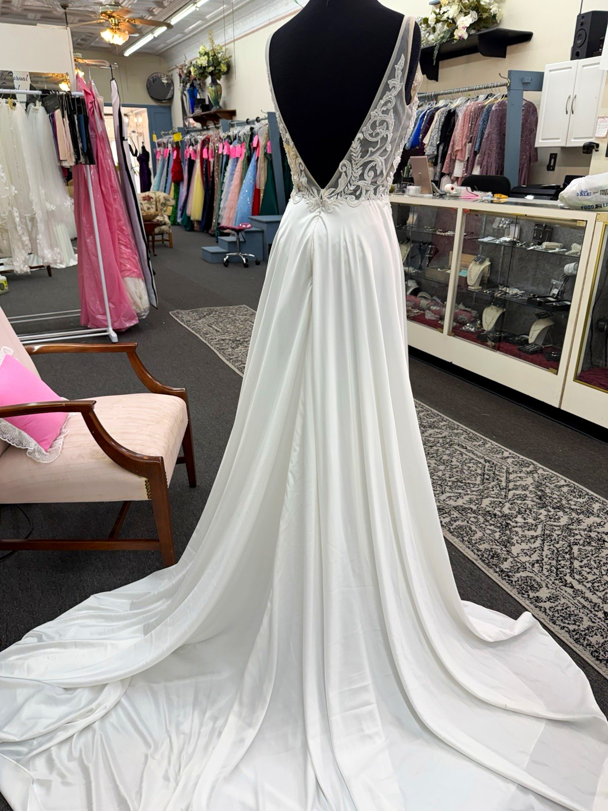 White/Ivory Lace Chiffon A-Line Beach Wedding Dress Sleeveless Plunging Train 6
