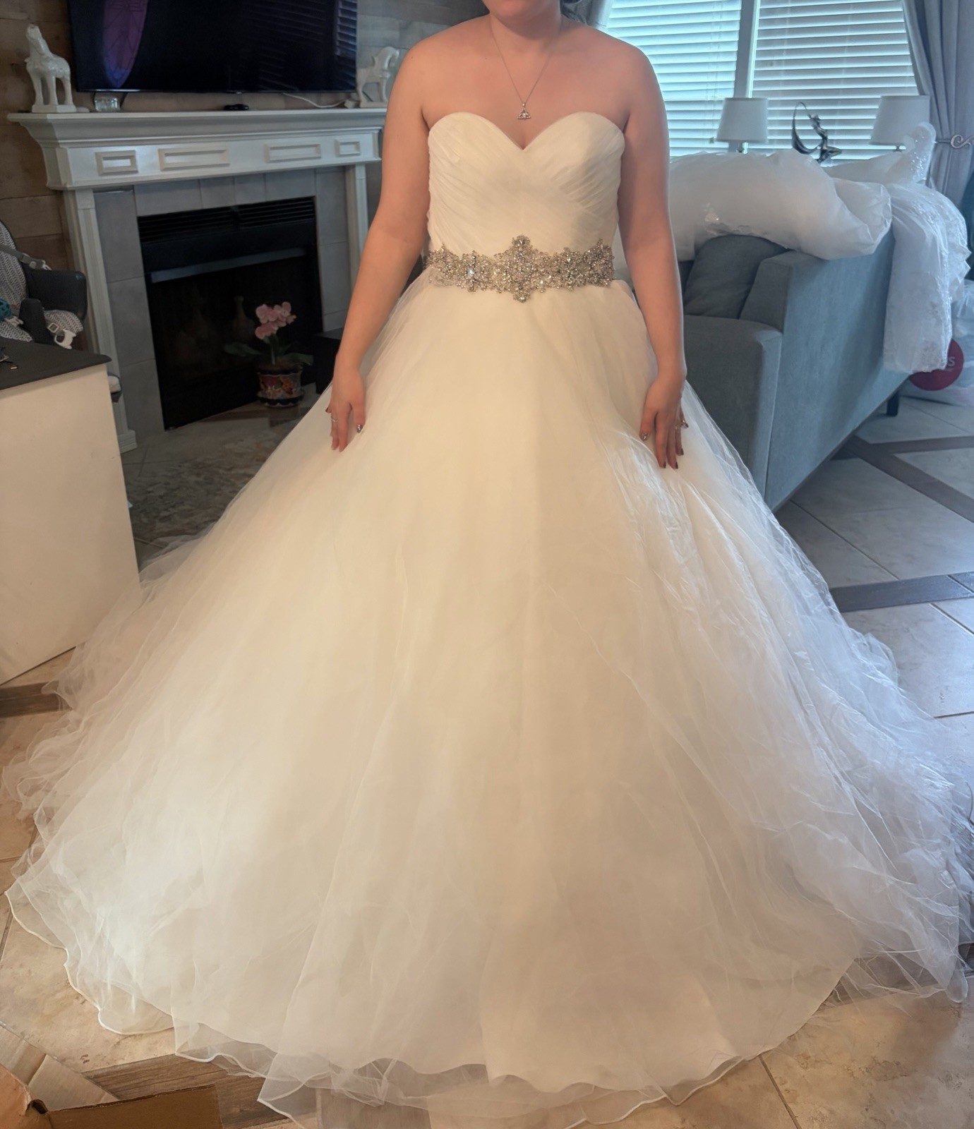 Mori Lee Size 6 Ivory/Silver Strapless Sweetheart Tulle Beaded Ball Gown