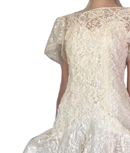 VTG Wedding Dress Sz 11/12 Lace Ivory Drop Waist Tea Length Flutter Sleeve READ