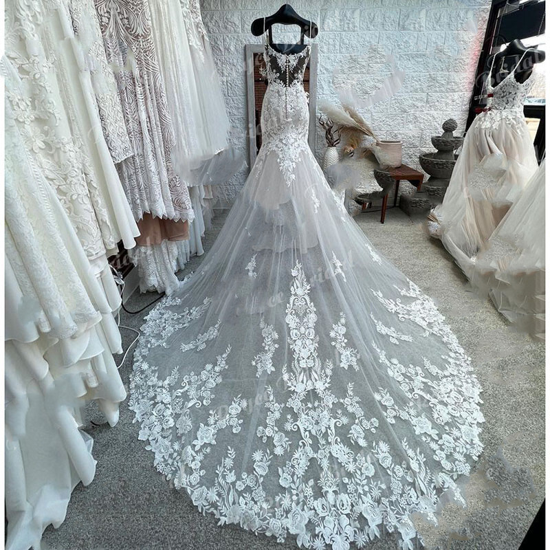 Blush Pink Mermaid Wedding Dresses Spaghetti V-Neck Lace Appliques Bridal Gown