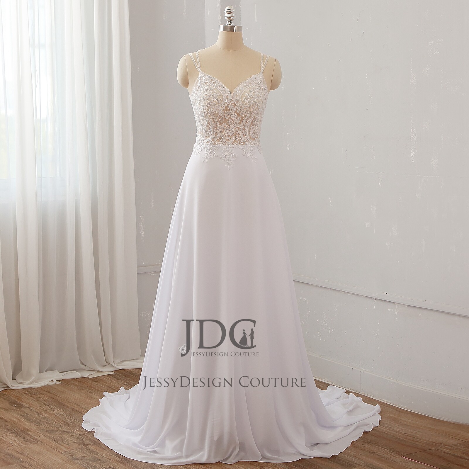 Beaded Flowy Chiffon Wedding Dress Bridal Gown Cross Straps Lace Bodice Sheer