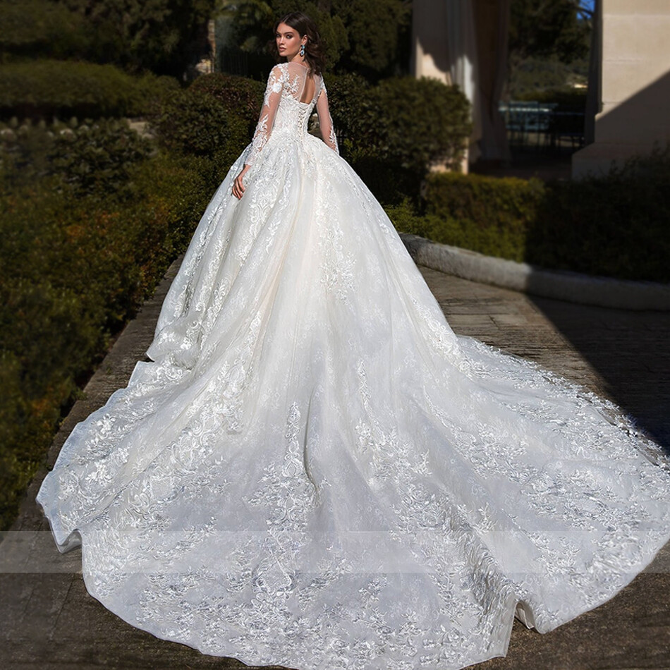 White Ball Wedding Dresses Long Sleeve Crystal Lace Appliques Scoop Neck Gowns