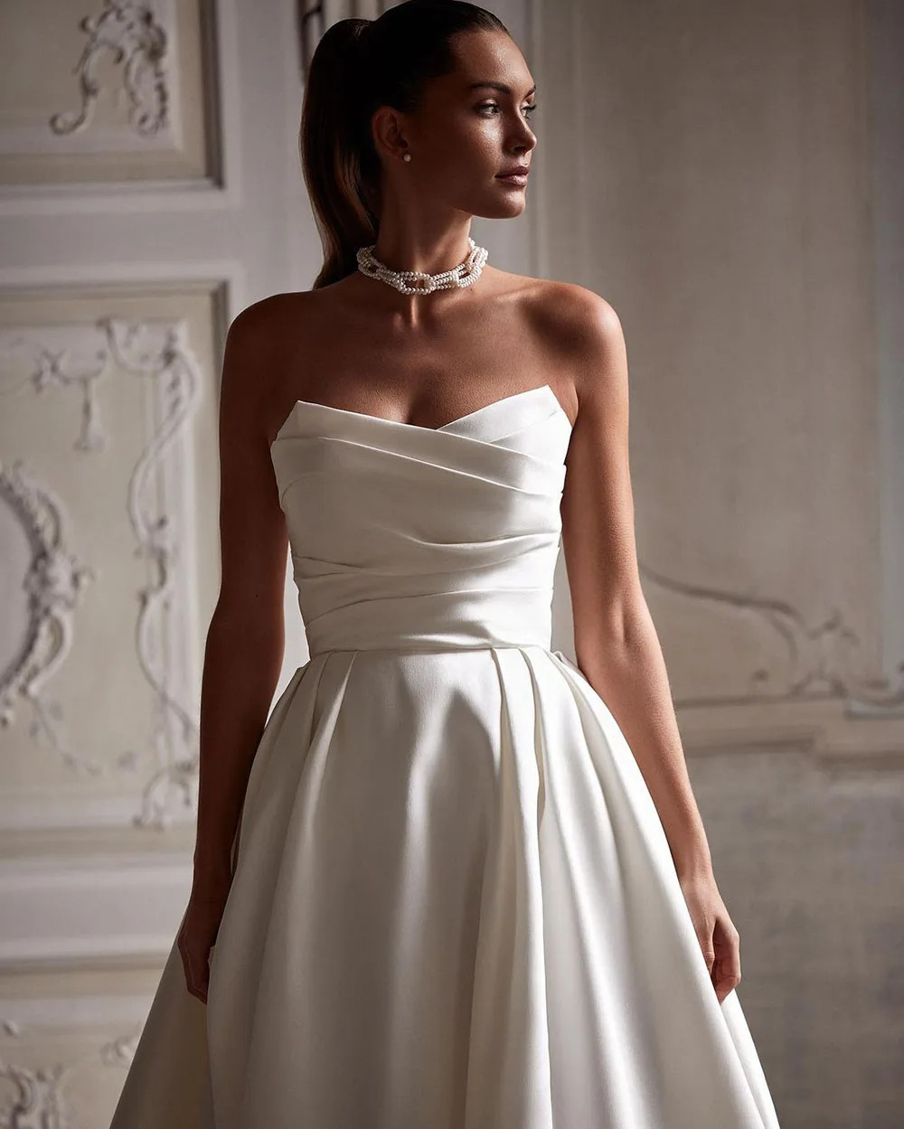 Strapless Ruched Satin A Line Wedding Dress Bridal Gown With Pockets and Train