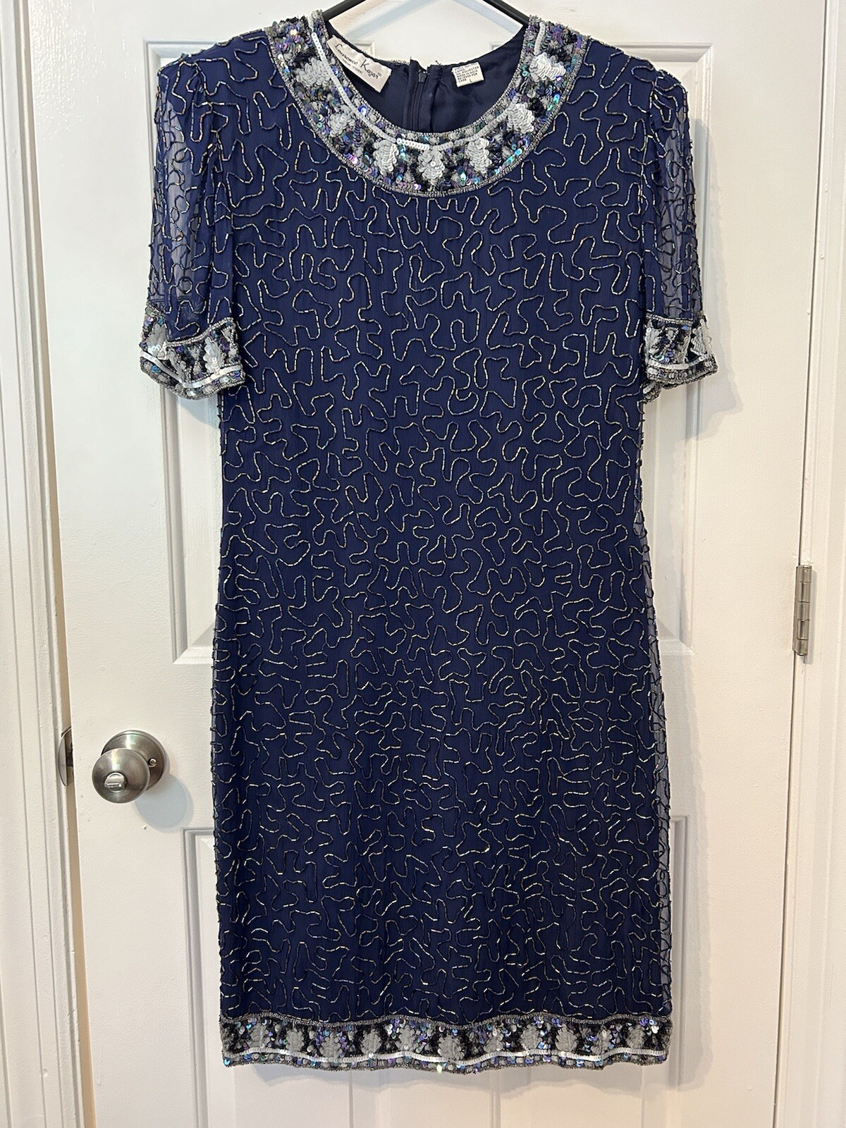 Vtg LAURENCE KAZAR Silk Short Sleeve Navy Sequin Beads Dress Size Sz L Heavy 80s